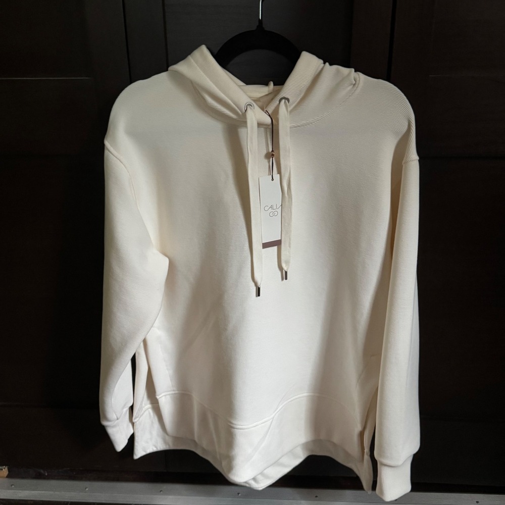 CALIA Womens Ivory Ottoman Oversized Side Slit Hoodie WAX34129 Small NEW